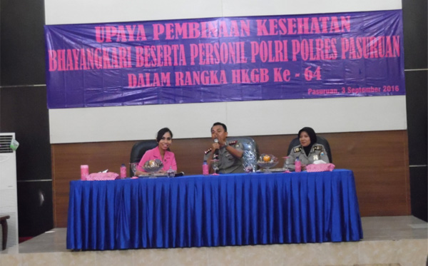 Penyuluhan tentang Kanker dan Tumor oleh Yayasan Kanker Indonesia dalam upaya pembinaan kesehatan Bhayangkari, dengan mengundang Polwan Polres Pasuruan, dalam rangka HKGB ke 64 tahun 2016 bertempat di Gedung Tunggal Panaluan Polres Pasuruan pada tanggal 3 September 2016.